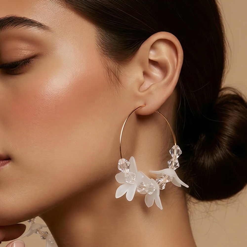 White Cherry Blossom Hoop Earrings Frosted Acrylic Floral Beaded Sakura Dangles